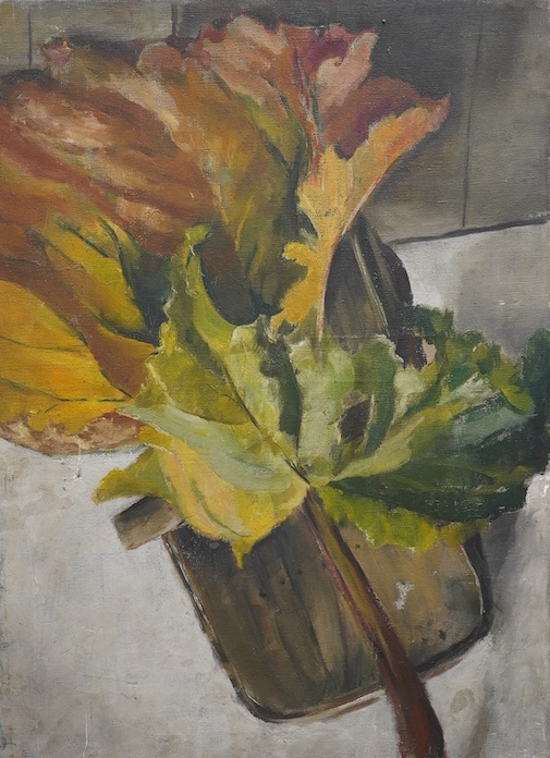 Modern British, oil on canvas, Still life of leaves, indistinctly monogrammed lower left, 67 x 50cm, unframed. Condition - fair